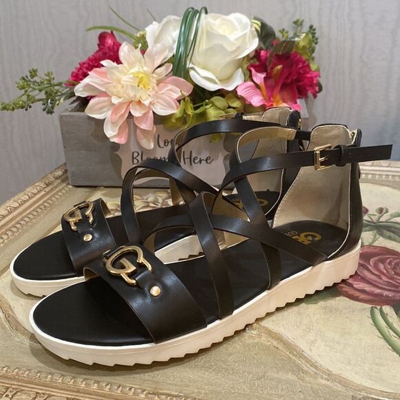 Guess GBG GG Karin Strappy Gold Hardware Zip Back Vegan Sandals Black Sz 6 - Picture 15 of 15